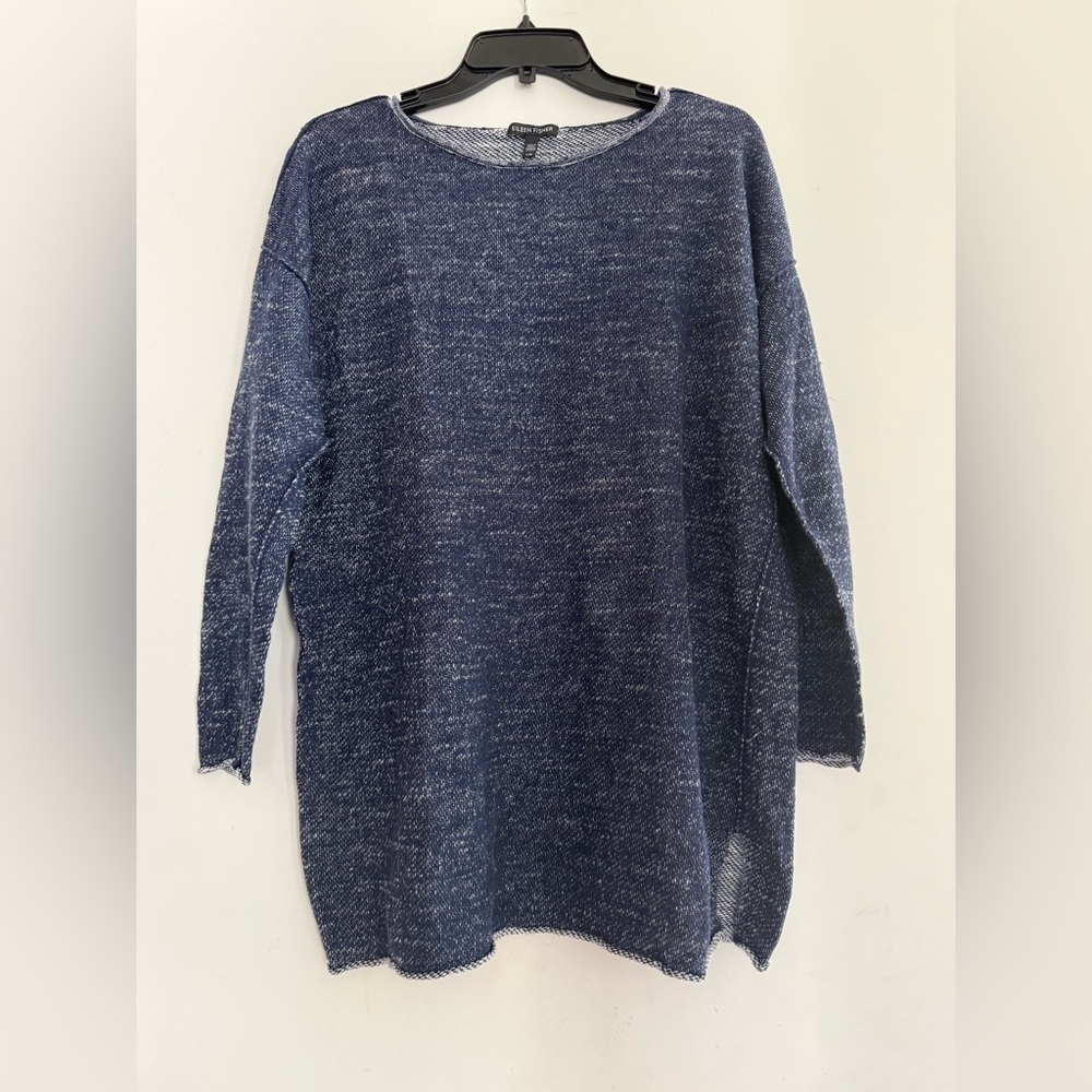 Eileen Fisher Organic Linen And Cotton Marled Boxy Raw Edge Sweater Size L